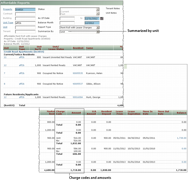 Affordable Rent Roll with Lease Charges Report Screen Overview